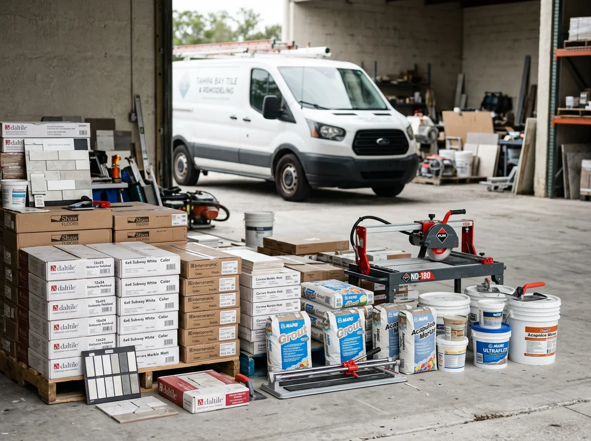 Professional tile installation workspace with tools and materials ready for bathroom and kitchen remodels.