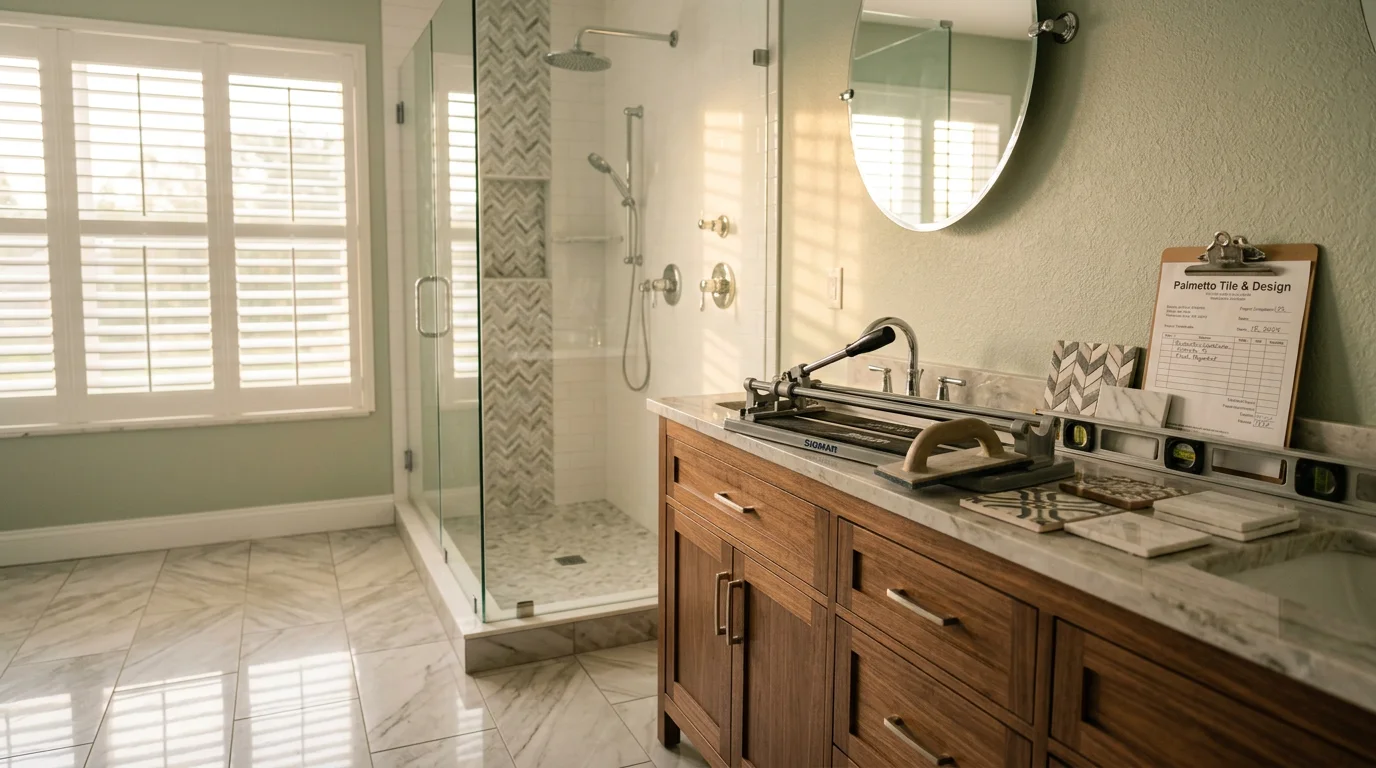 Newly remodeled bathroom with tile shower, modern fixtures, and updated flooring.