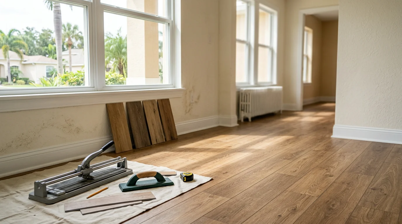 Modern kitchen with light wood-look luxury vinyl plank flooring and tile accents.