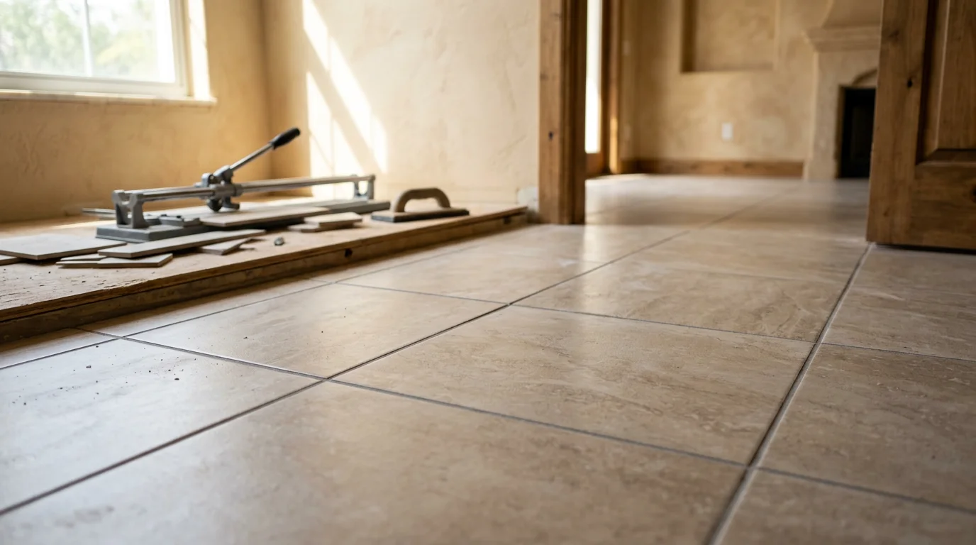 Professional tile installation in a modern bathroom with white subway tile and gray grout.