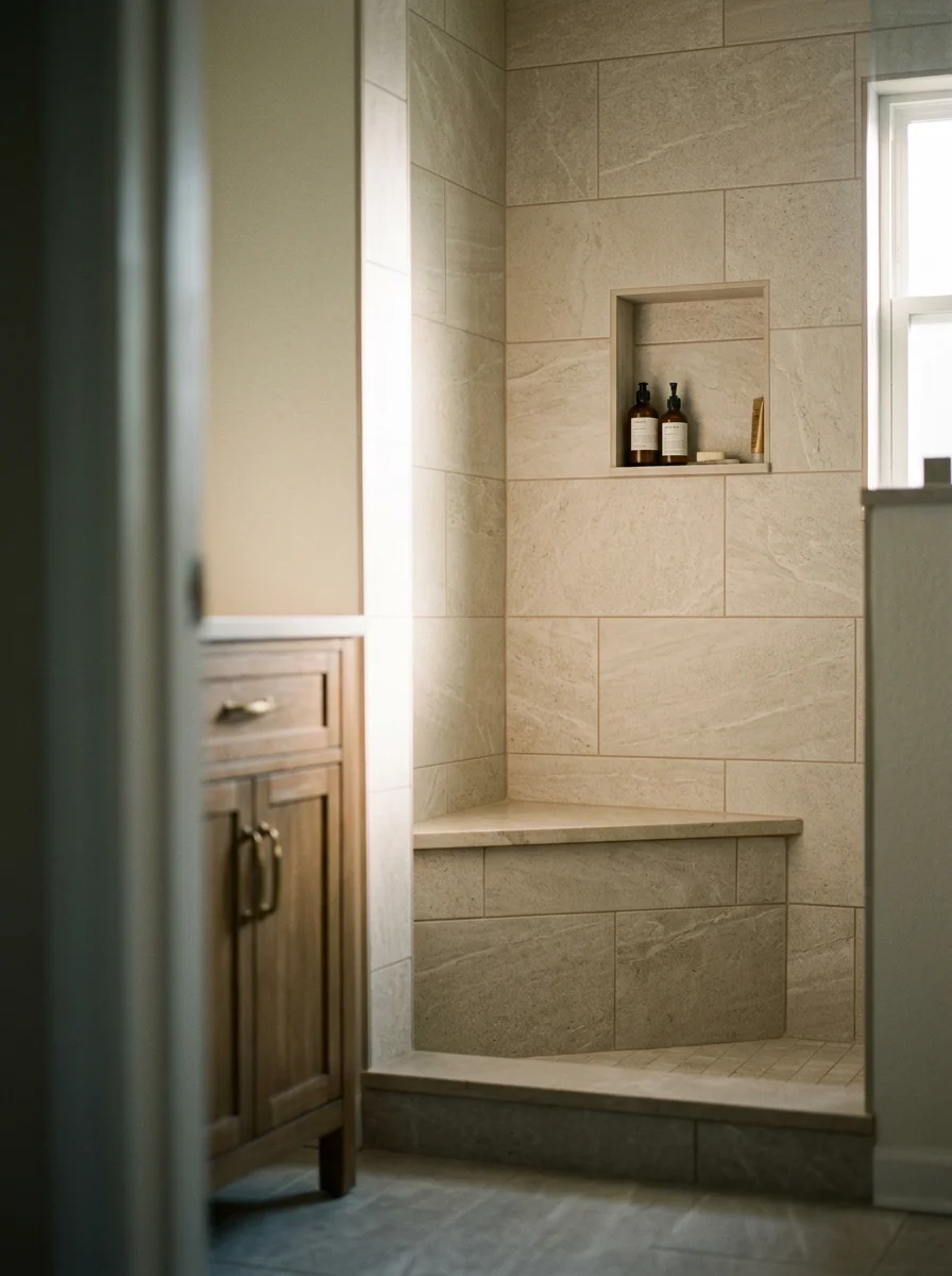 Completed shower remodel in a Bradenton ranch home with large-format wall tile, a built-in bench, and a waterproof tile niche.
