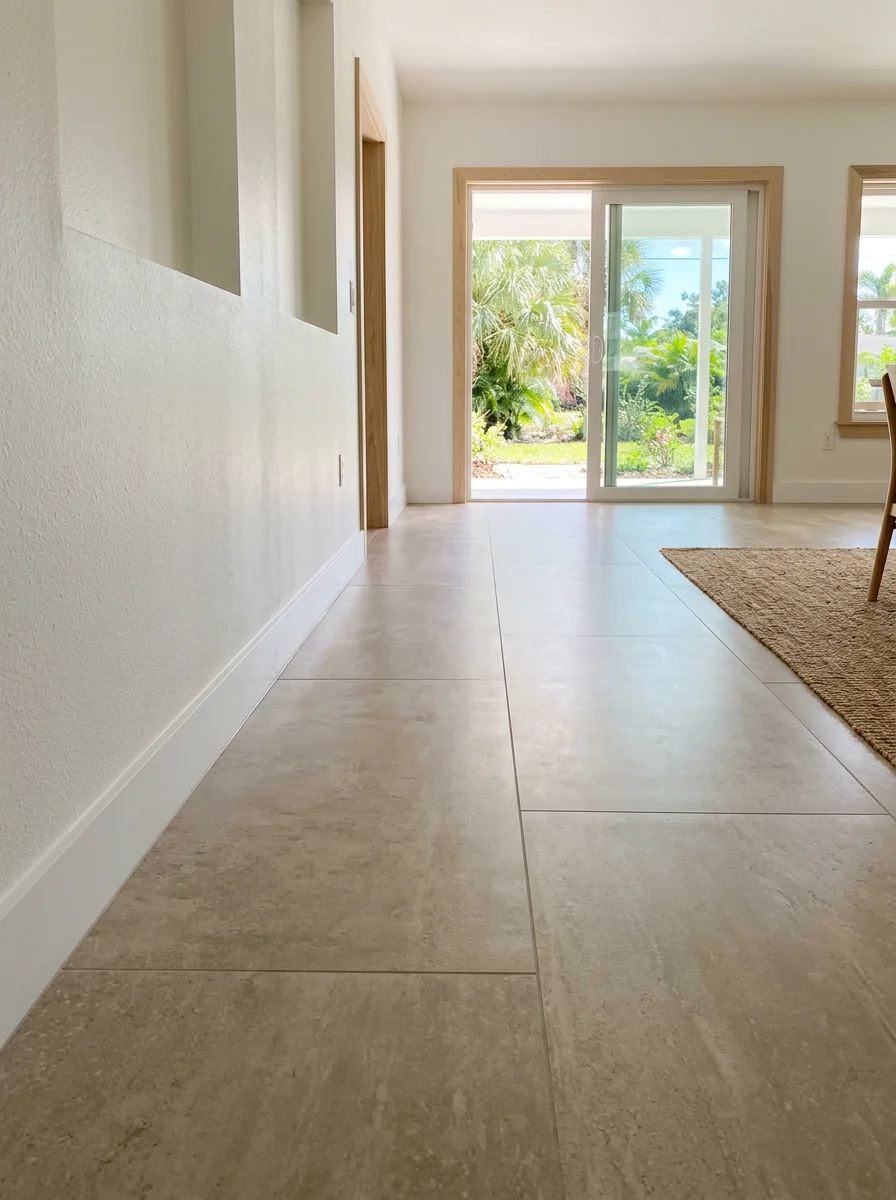 New porcelain tile floor installation in a Clearwater ranch home living area, showing consistent large-format tile running from the front entry to the back sliding glass door.