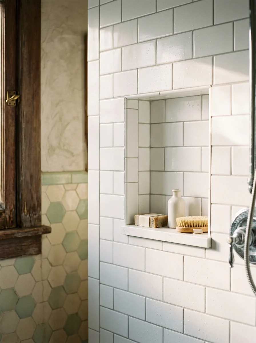Close-up of a completed subway tile shower remodel in a historic Palmetto bungalow, showing clean grout lines and a waterproof niche shelf.