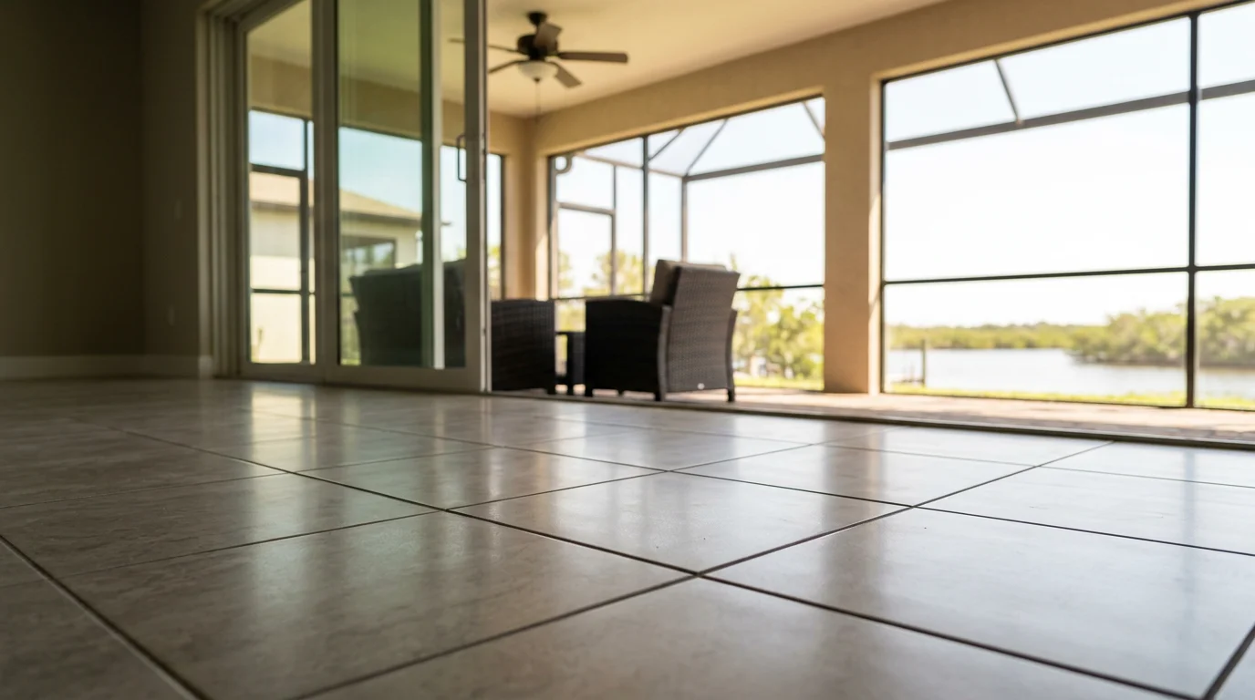 Freshly installed large-format porcelain floor tile in a Palmetto, FL home with a view toward a screened lanai and the Manatee River beyond.