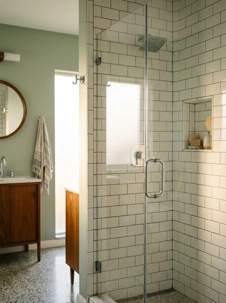 Finished subway tile shower remodel in a Sarasota mid-century ranch home, with a frameless glass door and a recessed tile niche.