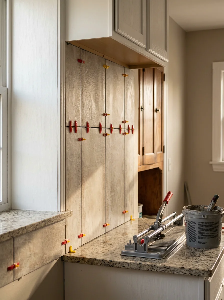 Tile backsplash installation in a St. Petersburg condo kitchen with large-format porcelain tile running from the countertop to the upper cabinets.