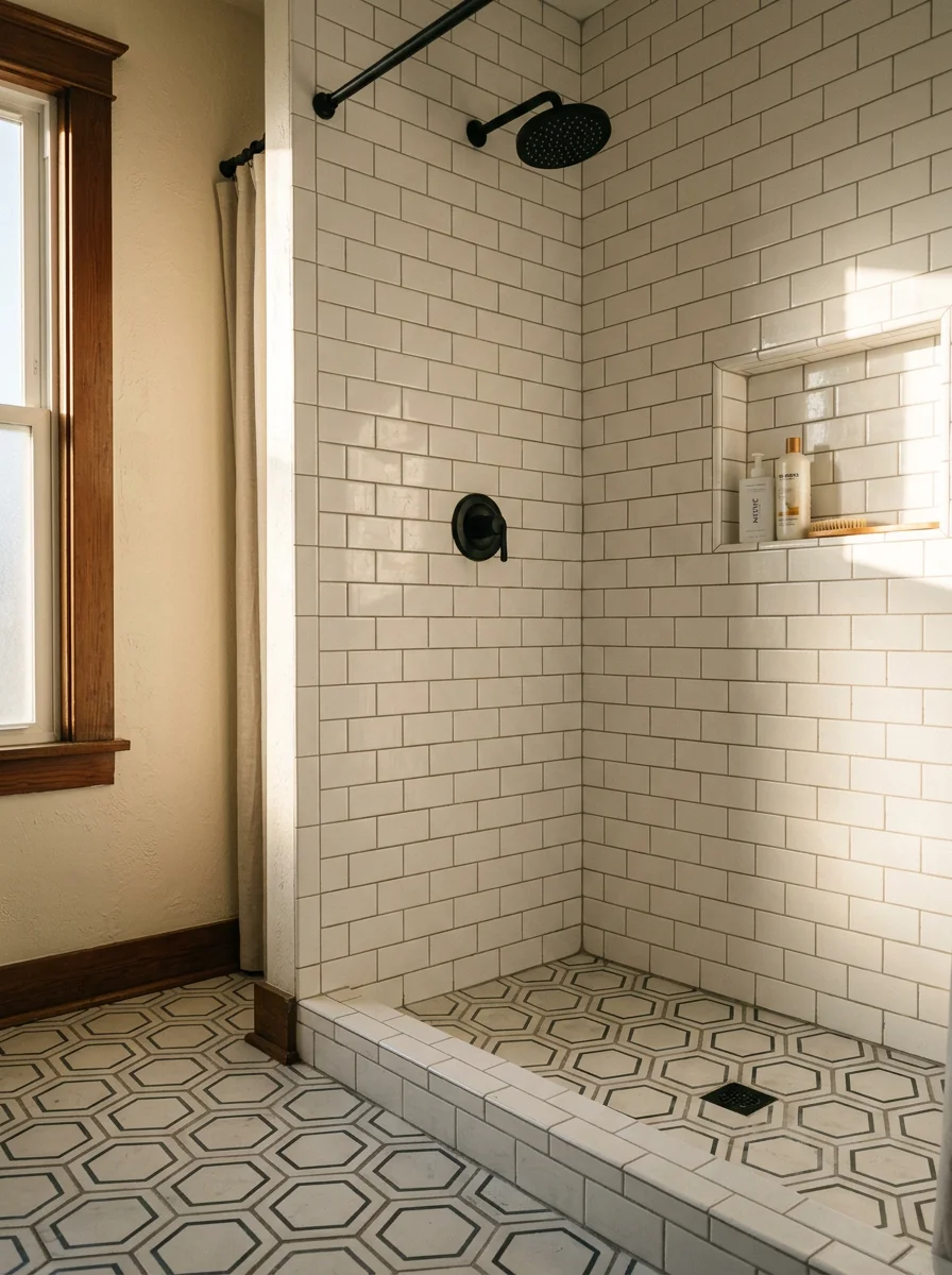 Renovated bathroom in a Tampa Heights bungalow with white subway tile shower walls, a hex tile floor, and a recessed shampoo niche.