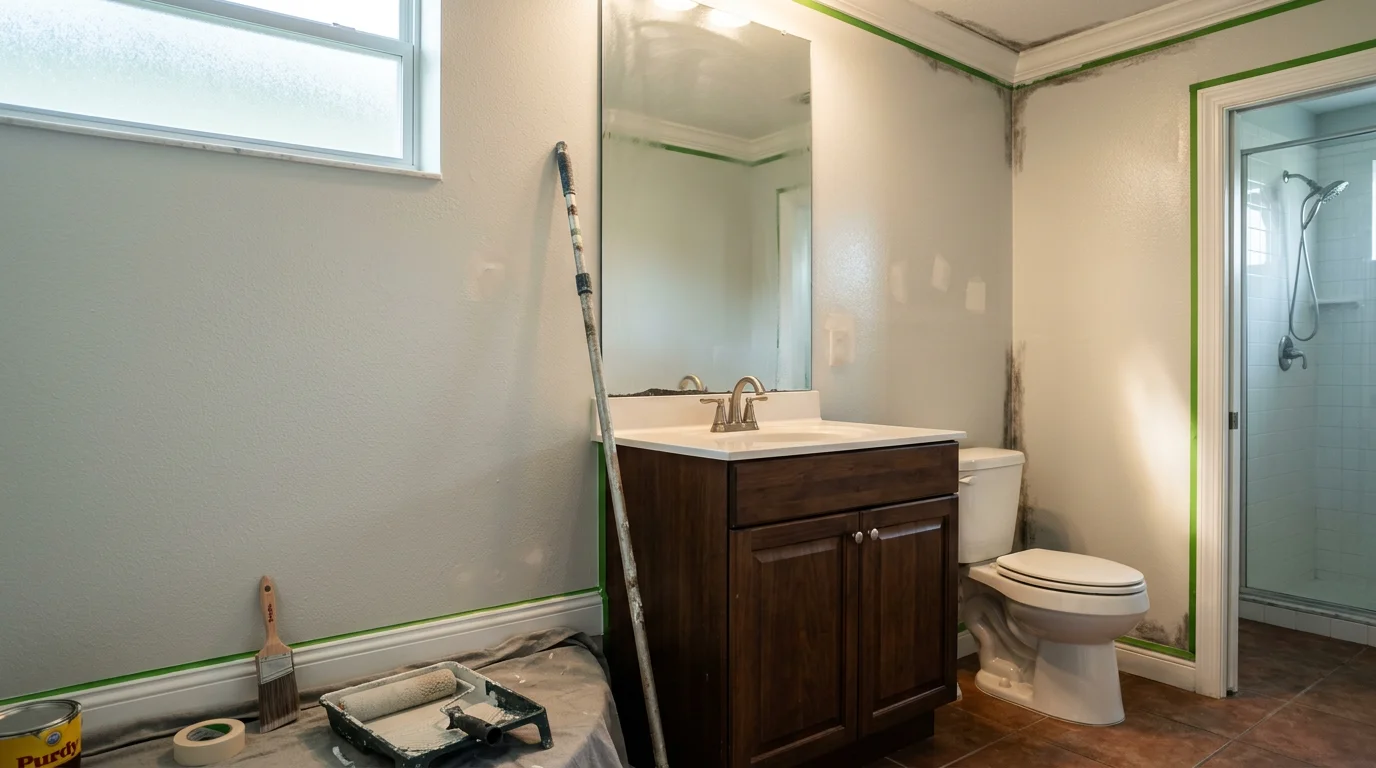Freshly painted bathroom walls and ceiling in a Palmetto, Florida home, showing a clean moisture-resistant finish around the shower surround and fixtures. The room reflects careful surface preparation typical of Gulf Coast bathroom painting projects.
