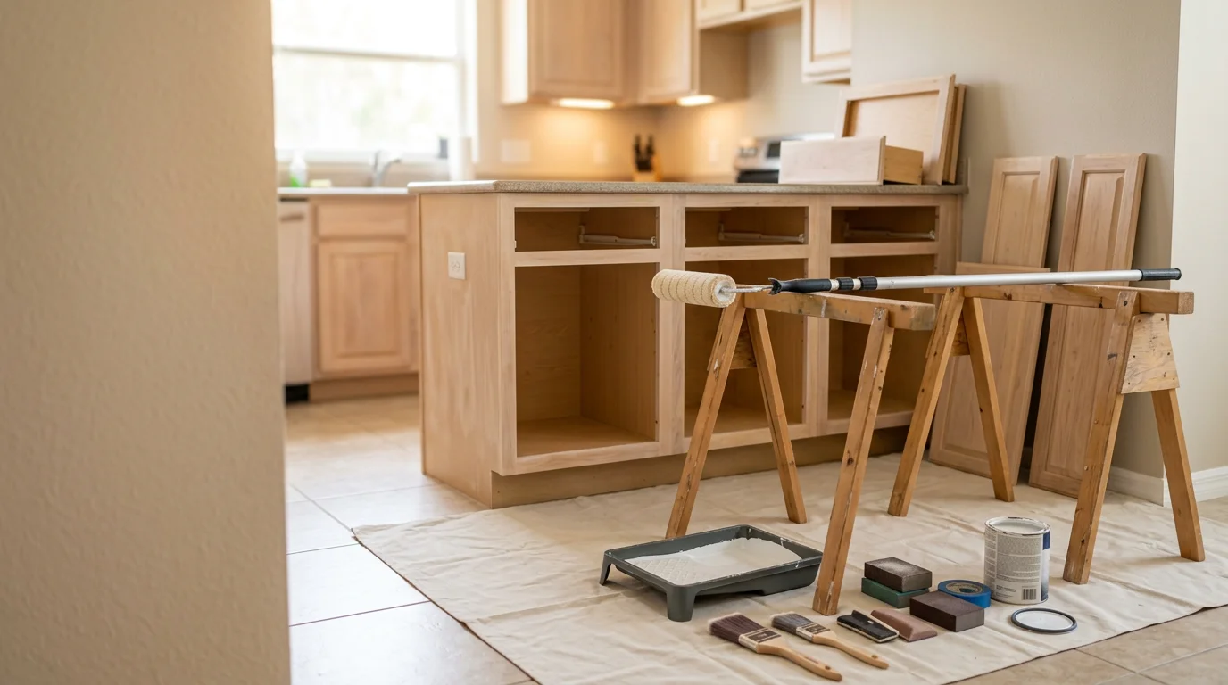 Freshly painted white kitchen cabinets in a Palmetto, FL home, showing clean lines and an even finish on doors and face frames. Close-up view highlights smooth surface texture suited to Florida's humid coastal environment.