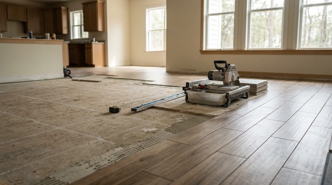 Freshly installed interior flooring in a Palmetto, FL home showing clean transitions between rooms and a smooth, level surface. The space reflects a full interior flooring installation completed by Rise Tile.