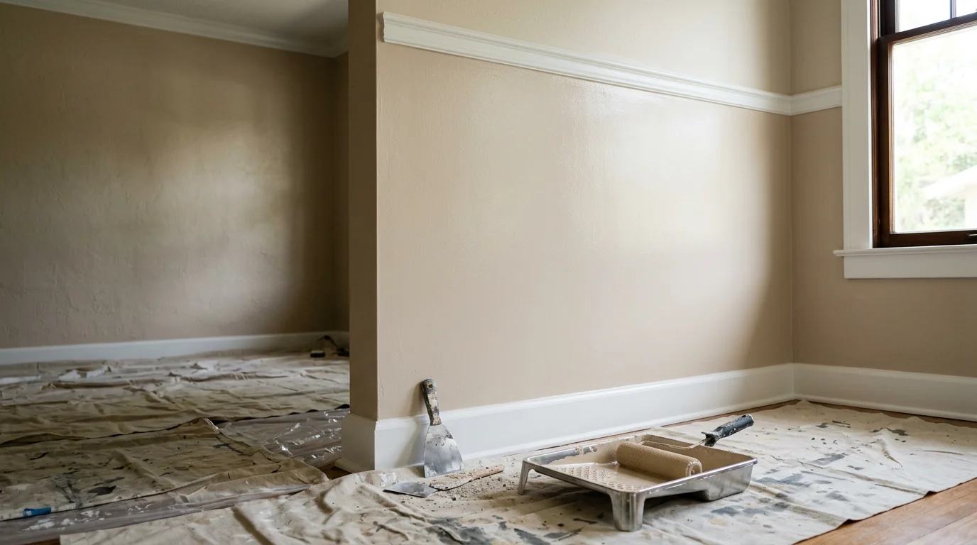 Interior wall freshly painted in a Palmetto, FL home with clean edges along white trim and baseboards. The room shows smooth, even coverage in a neutral tone typical of Gulf Coast residential interiors.