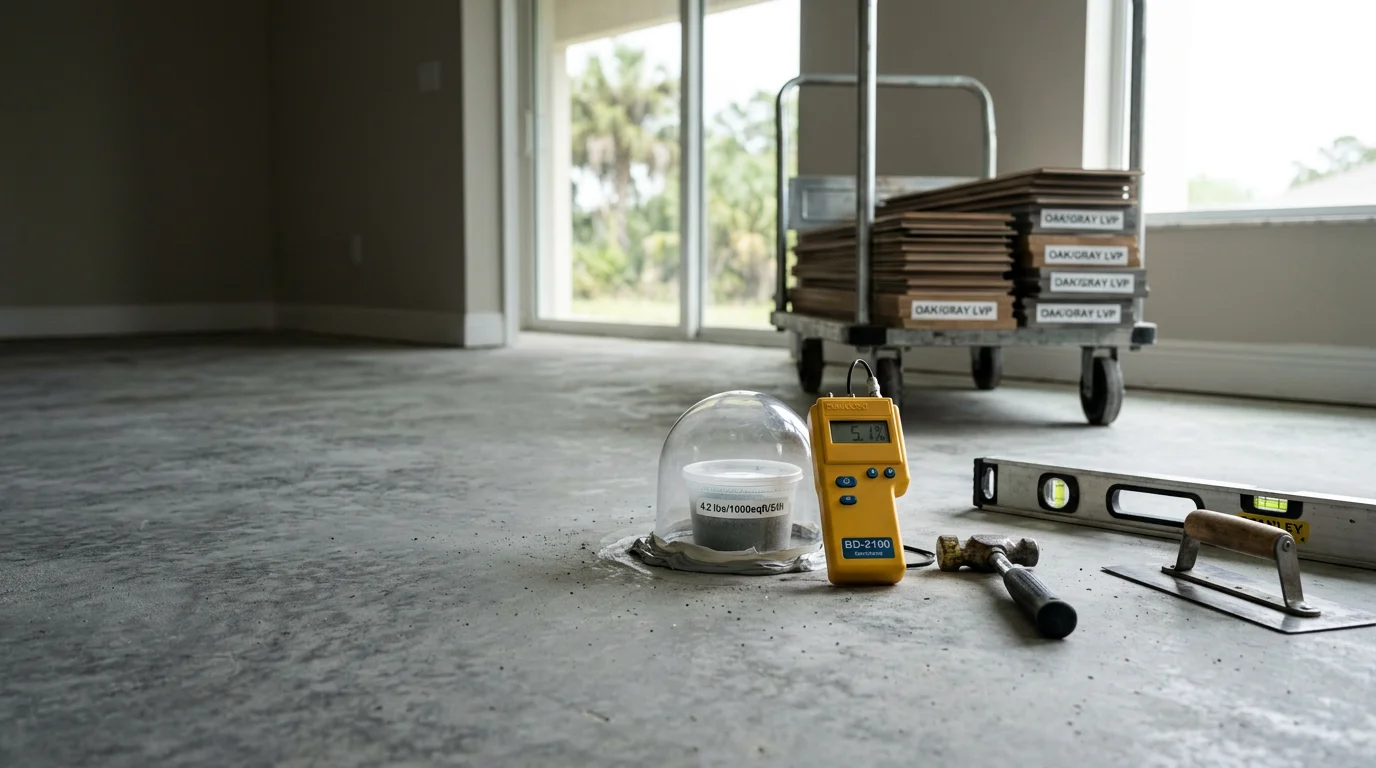 Freshly installed luxury vinyl plank flooring in a Palmetto, FL home showing a wood-look finish across an open living area. The planks run in a straight pattern over a concrete slab with clean transitions at the doorways.