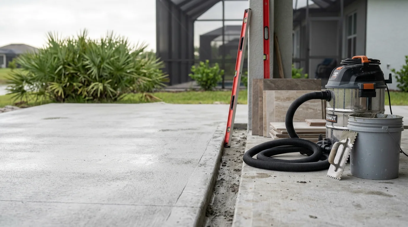 Freshly installed outdoor patio tile flooring on a residential property in Palmetto, FL, showing a clean, textured surface suitable for Florida's humid Gulf Coast climate. The patio extends from the home's rear exterior toward a screened outdoor living area.