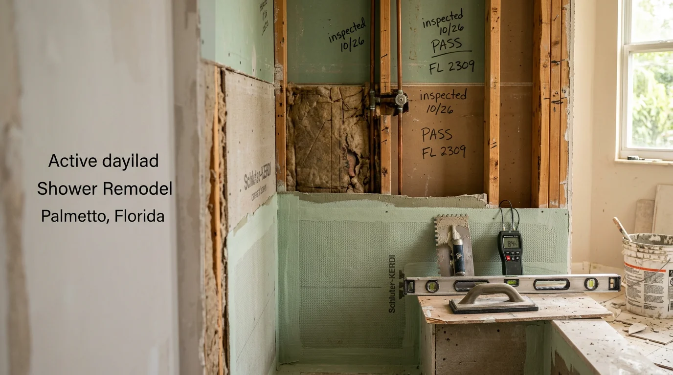 A freshly remodeled walk-in tile shower in a Palmetto, Florida home, showing floor-to-ceiling tile work, a curbless entry, and a clean drain installation. The shower reflects the kind of detail-focused craftsmanship Rise Tile brings to bathroom remodeling projects across Manatee County.
