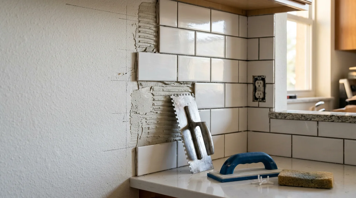 Freshly installed tile backsplash in a Palmetto, FL kitchen, showing clean grout lines and sealed tile surface above the countertop. The installation reflects the coastal-influenced interior style common in Manatee County homes.