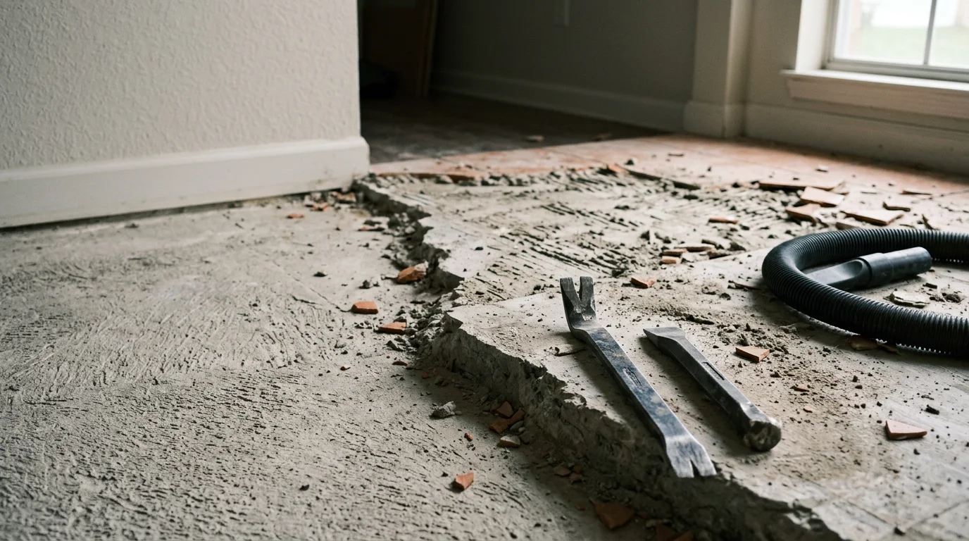 Tile demolition in progress inside a Palmetto, FL home, showing old floor tile and thinset being removed from a concrete slab. The subfloor is partially cleared and ready for inspection before new tile installation.