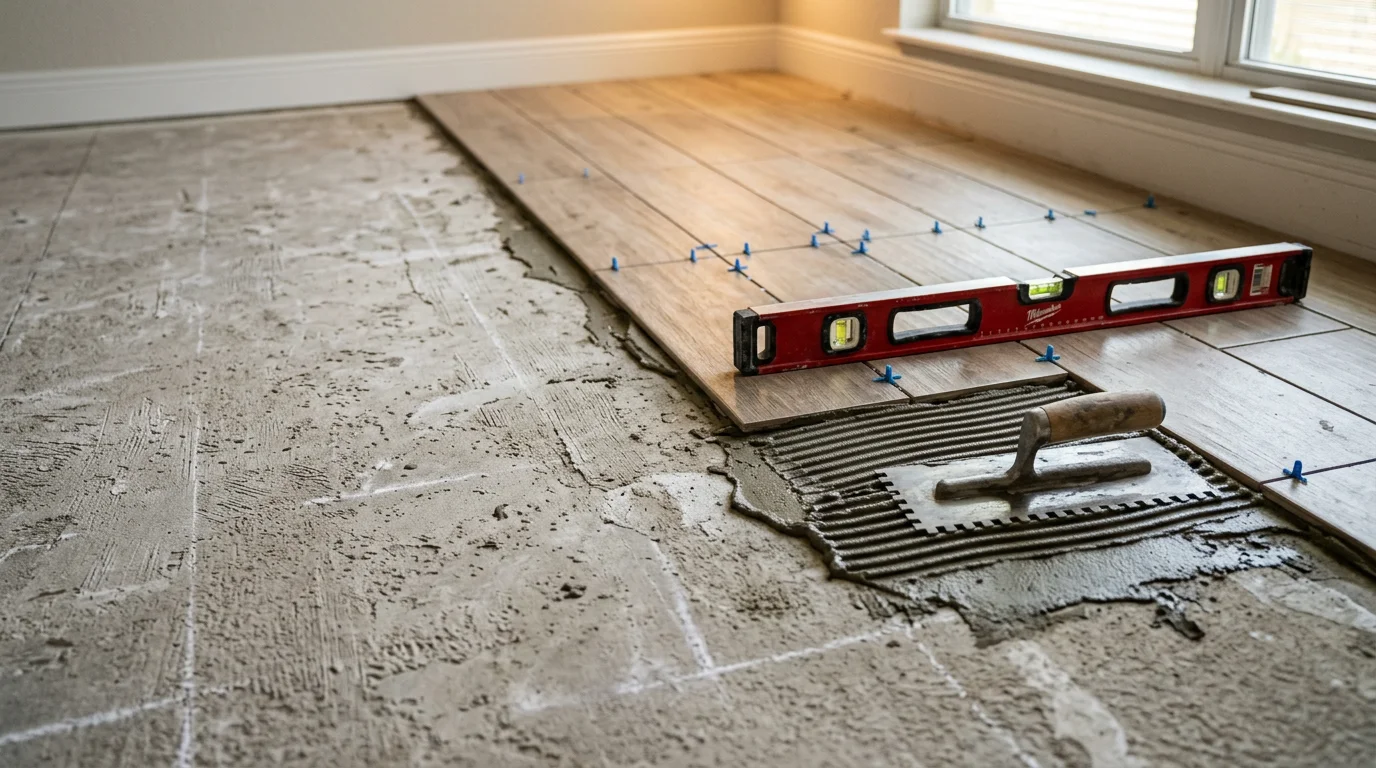 Freshly installed tile flooring in a bright, open-plan living area of a Palmetto, FL home. Clean grout lines and a neutral tile surface reflect the natural light common in Gulf Coast properties.