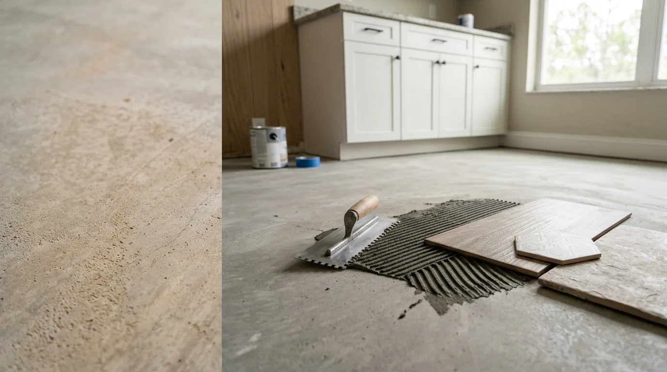 Freshly installed tile flooring in a Palmetto, FL home interior, showing clean grout lines and a smooth surface across a bright living area. The installation reflects the kind of precise, moisture-aware work suited to Florida slab construction.
