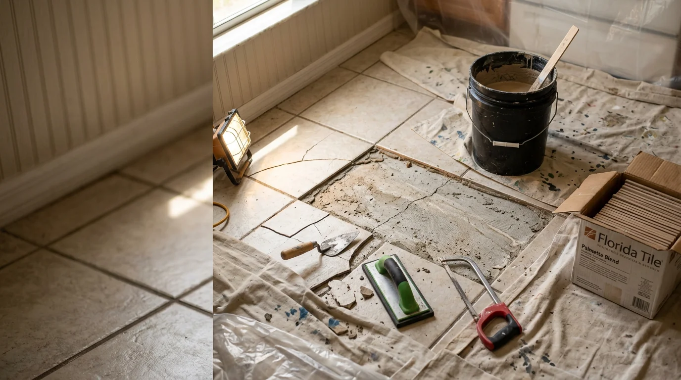 A tile contractor repairing cracked floor tiles in a Palmetto, FL home, with grout tools and replacement tile visible on a concrete slab surface. Close-up view showing the repaired tile section blending with the surrounding undamaged floor.