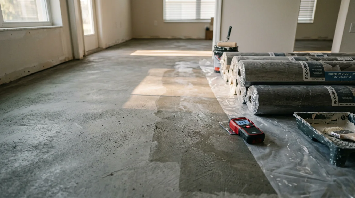 Freshly installed vinyl flooring in a Palmetto, Florida home with a clean, wood-look finish running through an open living area. The room shows smooth, even planks laid over a prepared concrete slab typical of Gulf Coast residential construction.